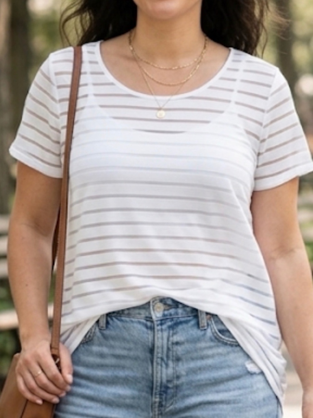 INC International Concepts White Sheer Striped Short Sleeve Tee